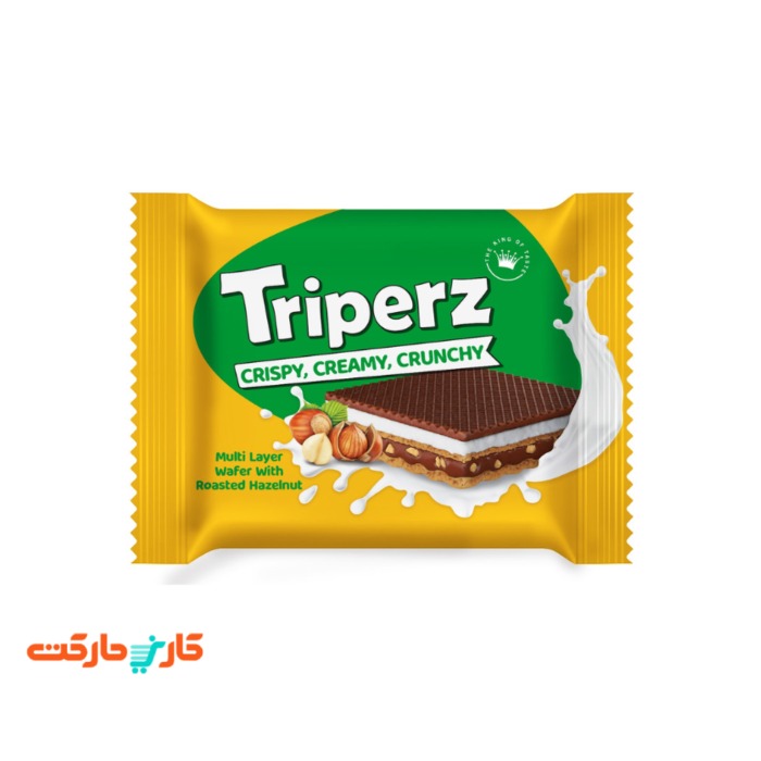 ویفر شیری فندقی با تکه های فندق و روکش شکلات شیری تریپرز (Tripers) 25 گرم ویفر شیری فندقی با تکه های فندق و روکش شکلات شیری تریپرز (Tripers) 25 گرم