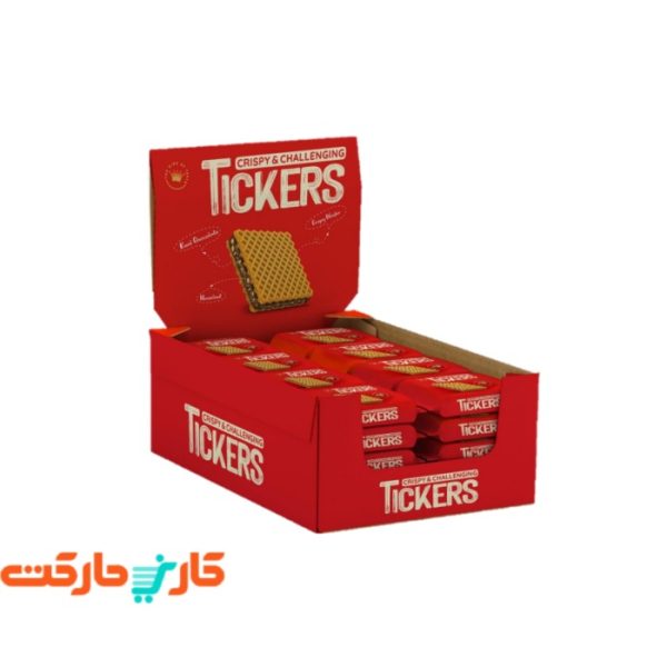 ویفر کاکائویی فندقی با تکه های فندق تیکرز (Tickers) بسته 32 عددی